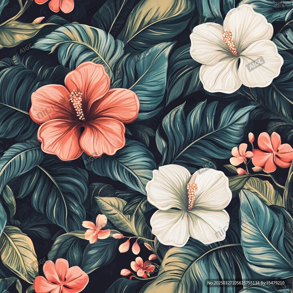 熱帶花卉與綠葉圖案設(shè)計(jì)