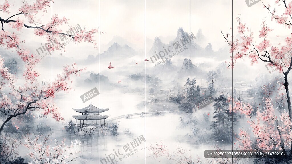 中式山水間的爛漫春景