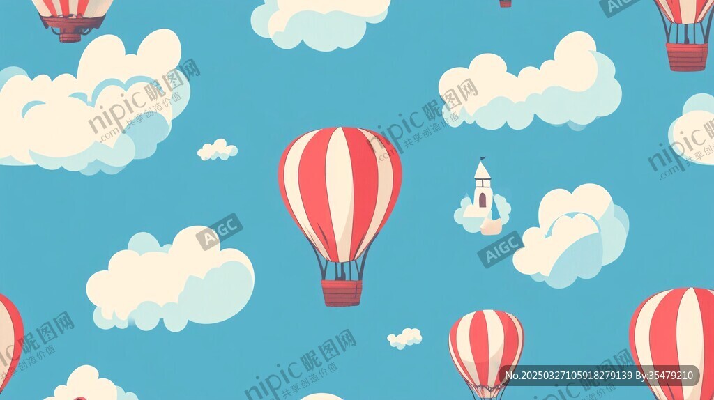 天空中漂浮的熱氣球與云朵
