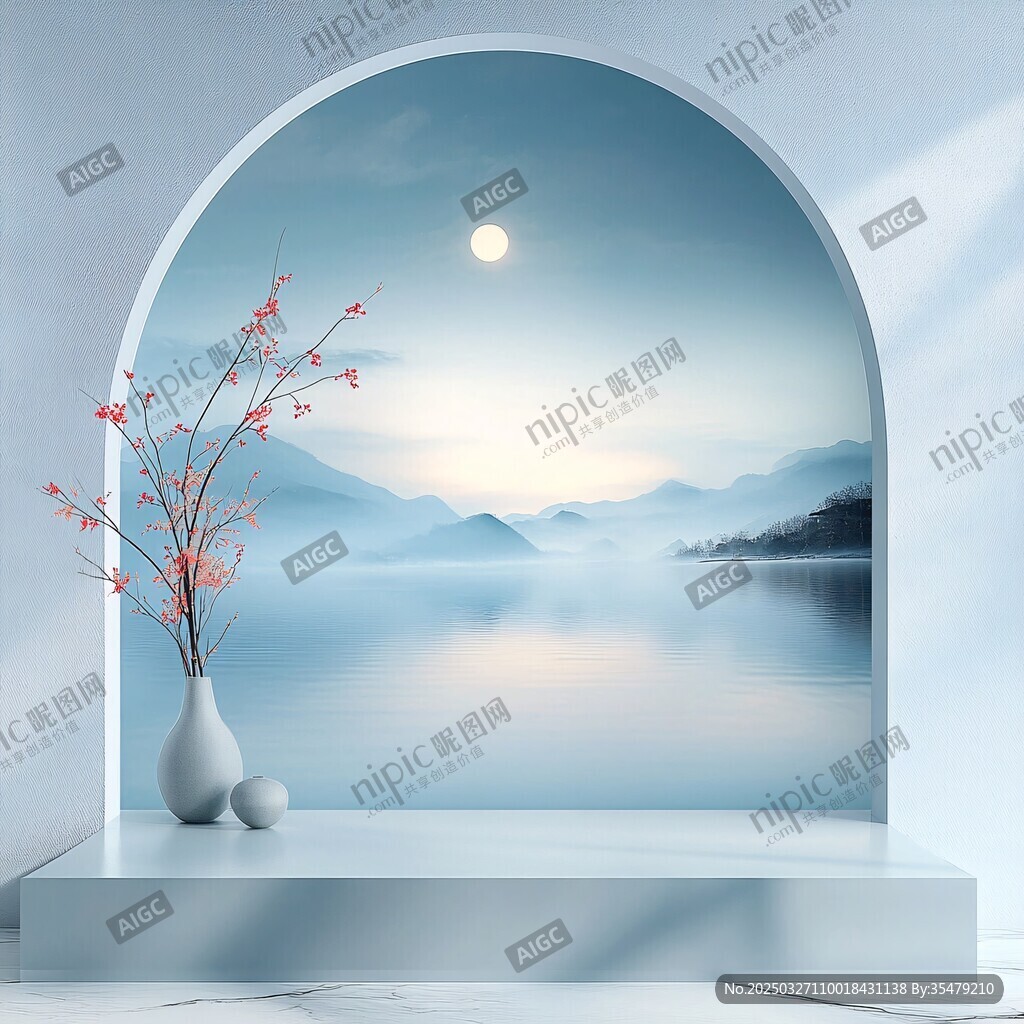 月映山水花瓶中式意境圖