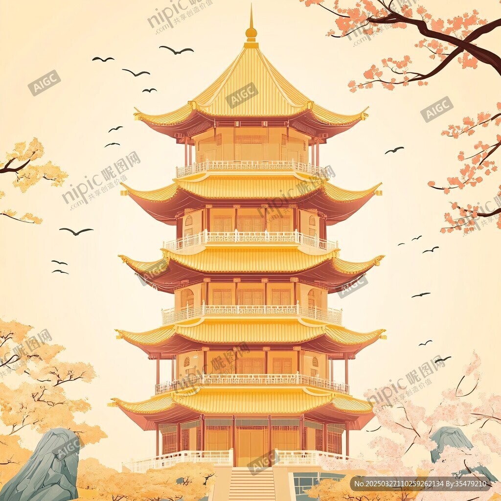 古風寶塔秋景圖