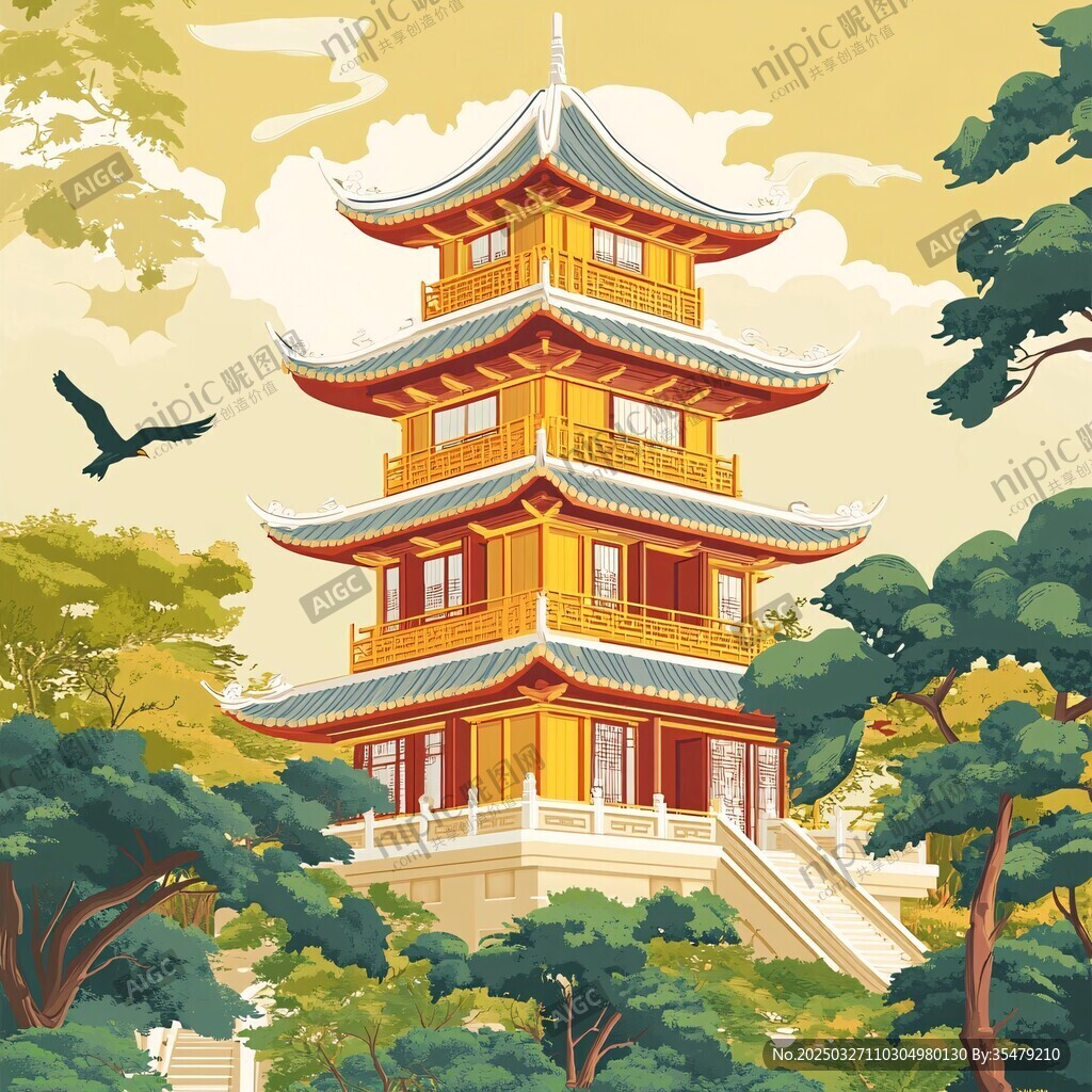 中式塔樓隱于蔥郁山林間