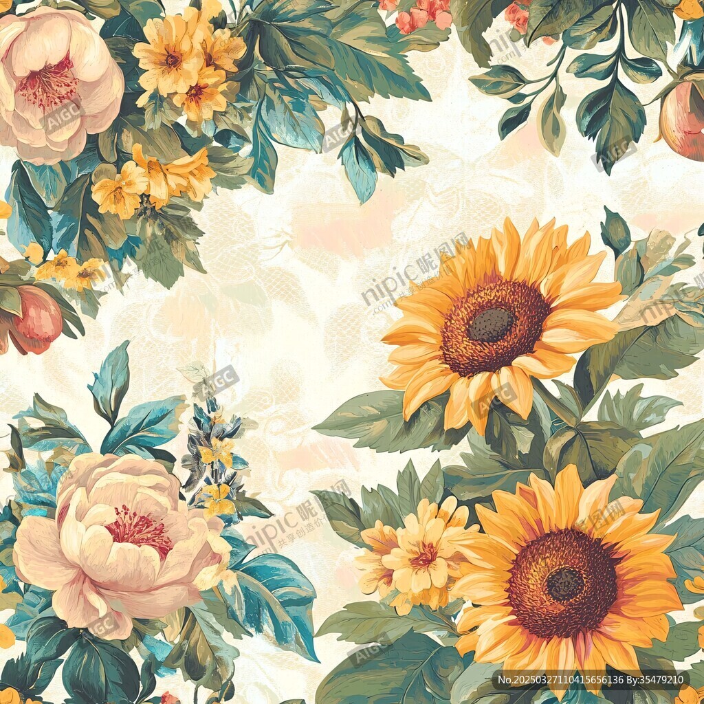 花卉圖案 向日葵與牡丹之美
