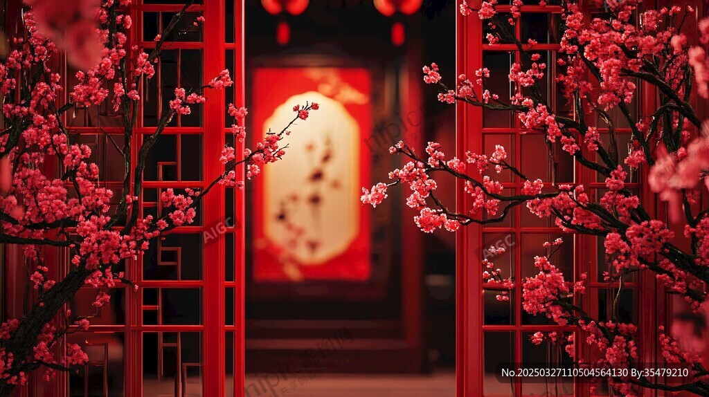 中式紅景下的爛漫桃花景