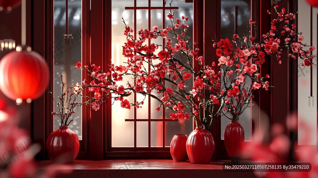 窗邊紅梅裝點(diǎn)中式喜慶景