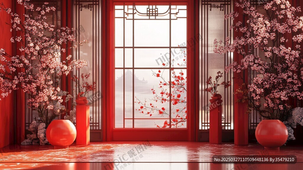 中式紅韻門庭繁花盛景