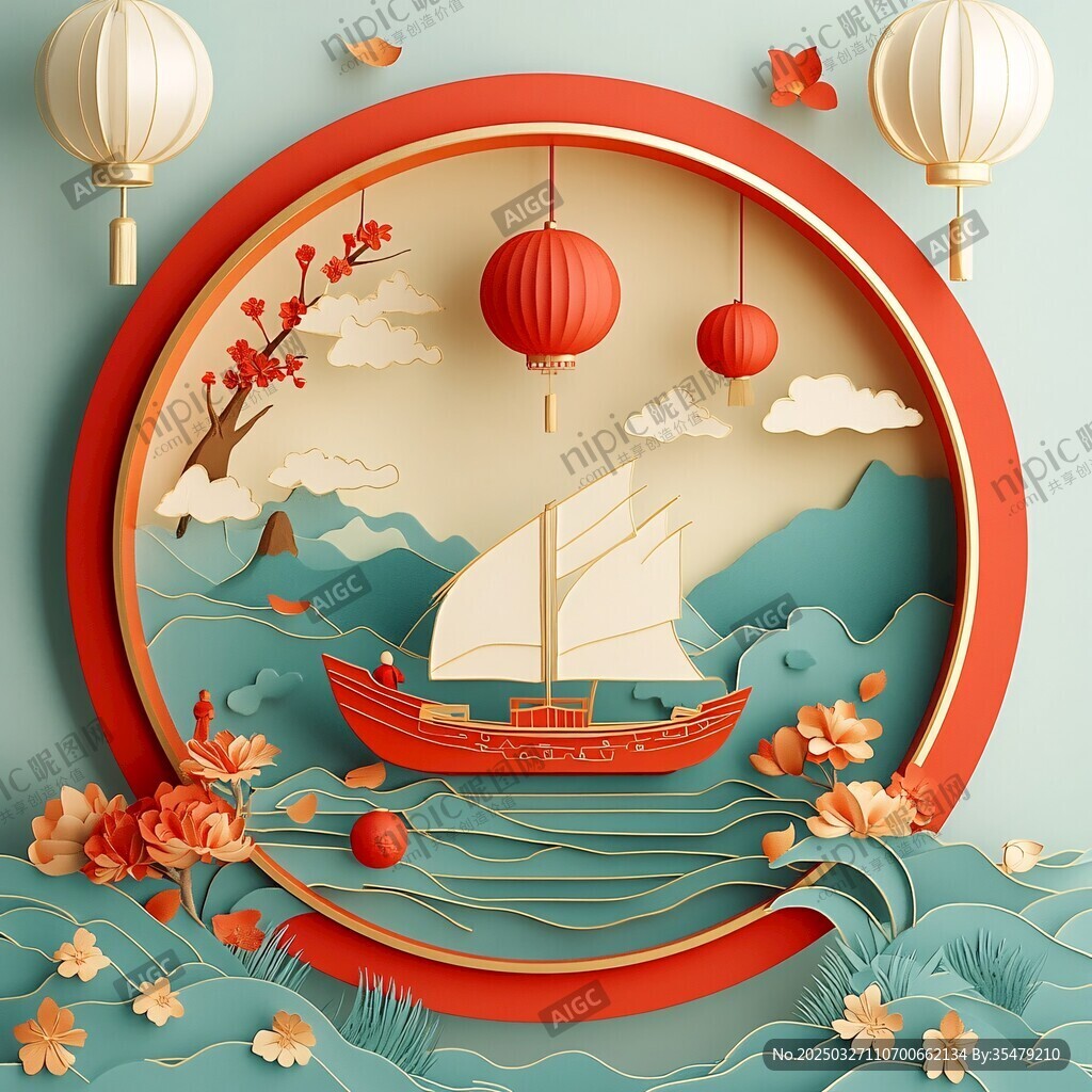 中式剪紙風新春航海圖景