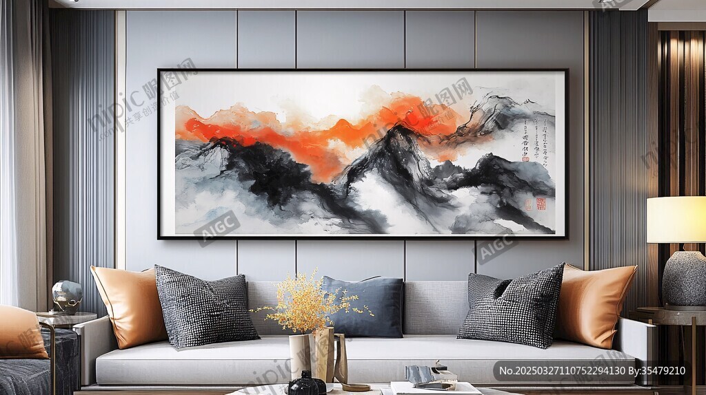 現代客廳中的山水裝飾畫