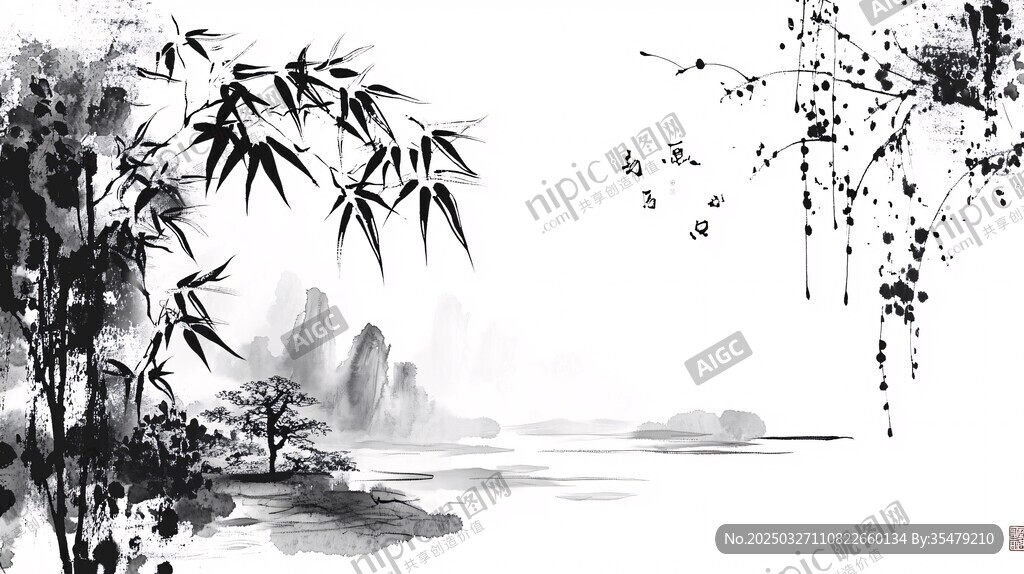 水墨竹林山水意境圖