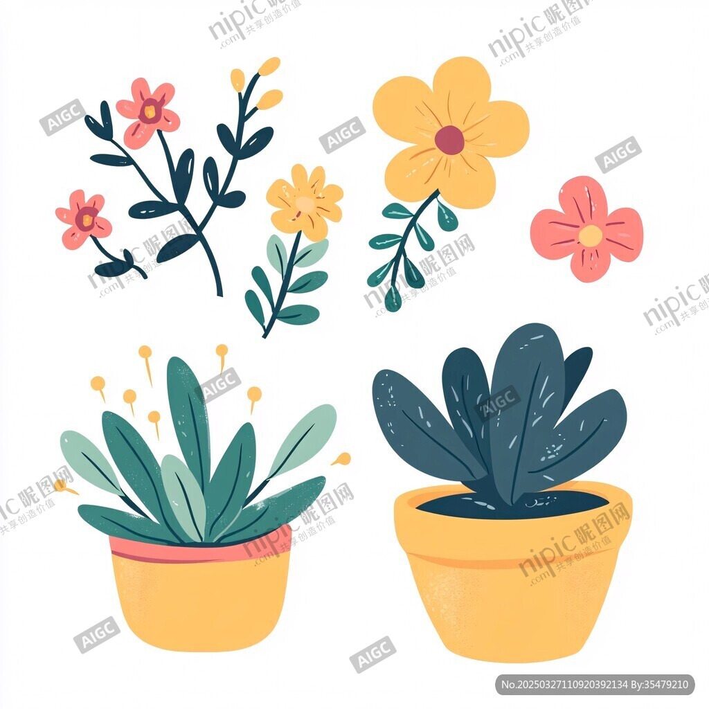可愛盆栽與花卉插畫素材