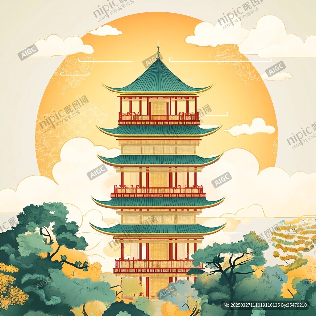 古風寶塔映于落日云霞間