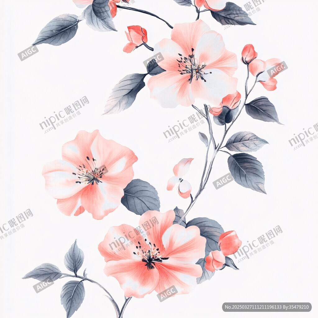 水墨風粉色花卉圖案設計
