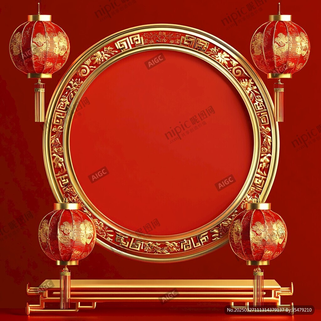 中式紅金邊框配喜慶燈籠