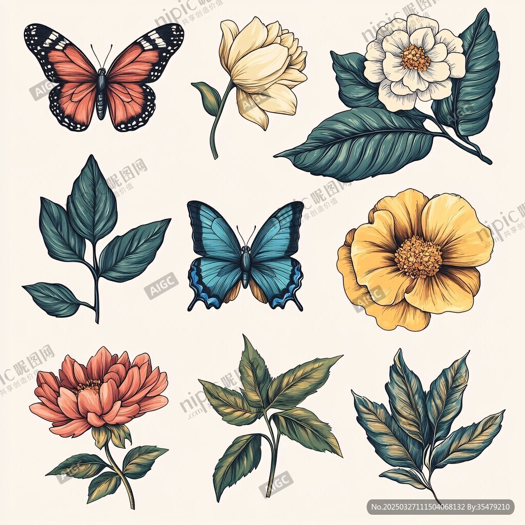 花卉蝴蝶插畫素材集合