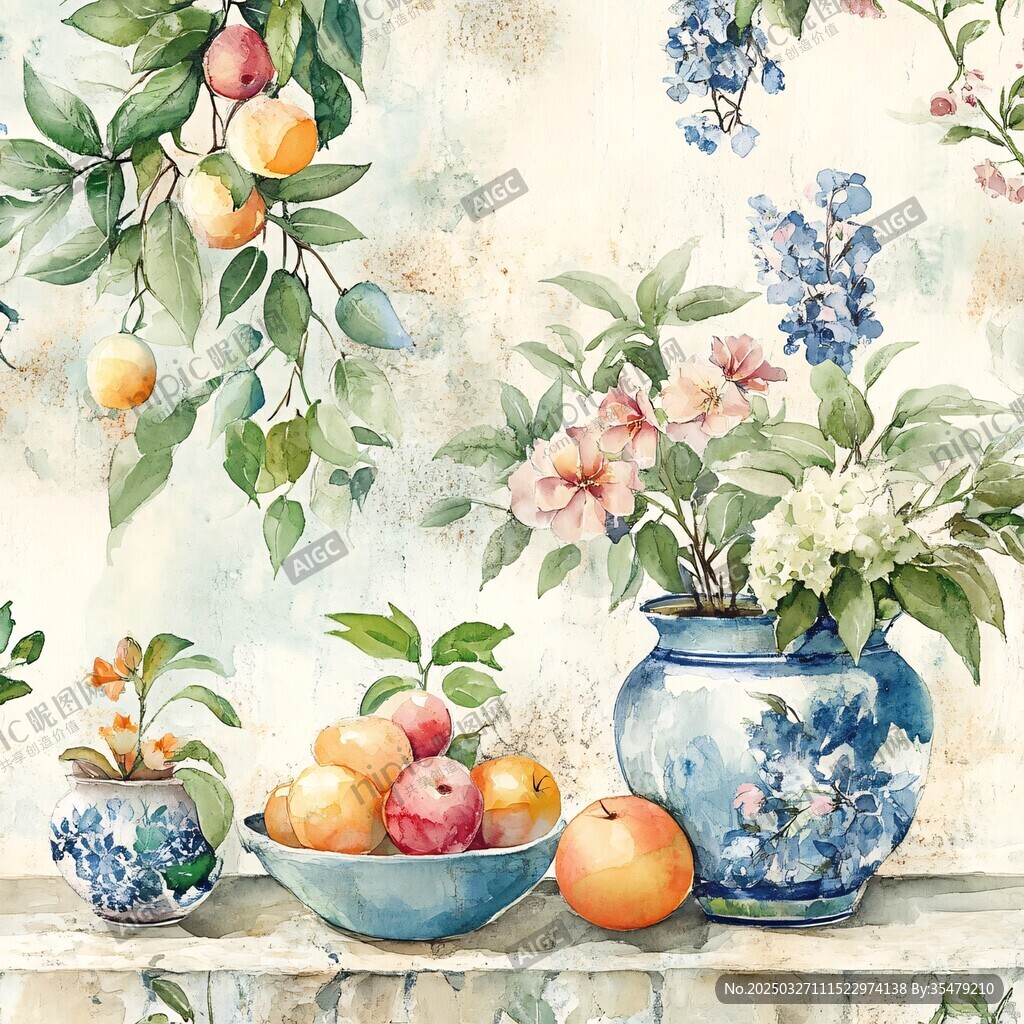 藍(lán)瓷花瓶與水果花卉靜物畫