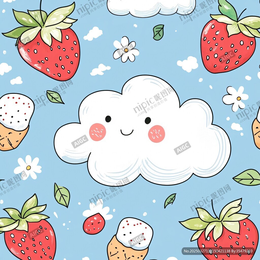 可愛云朵與草莓夏日插畫