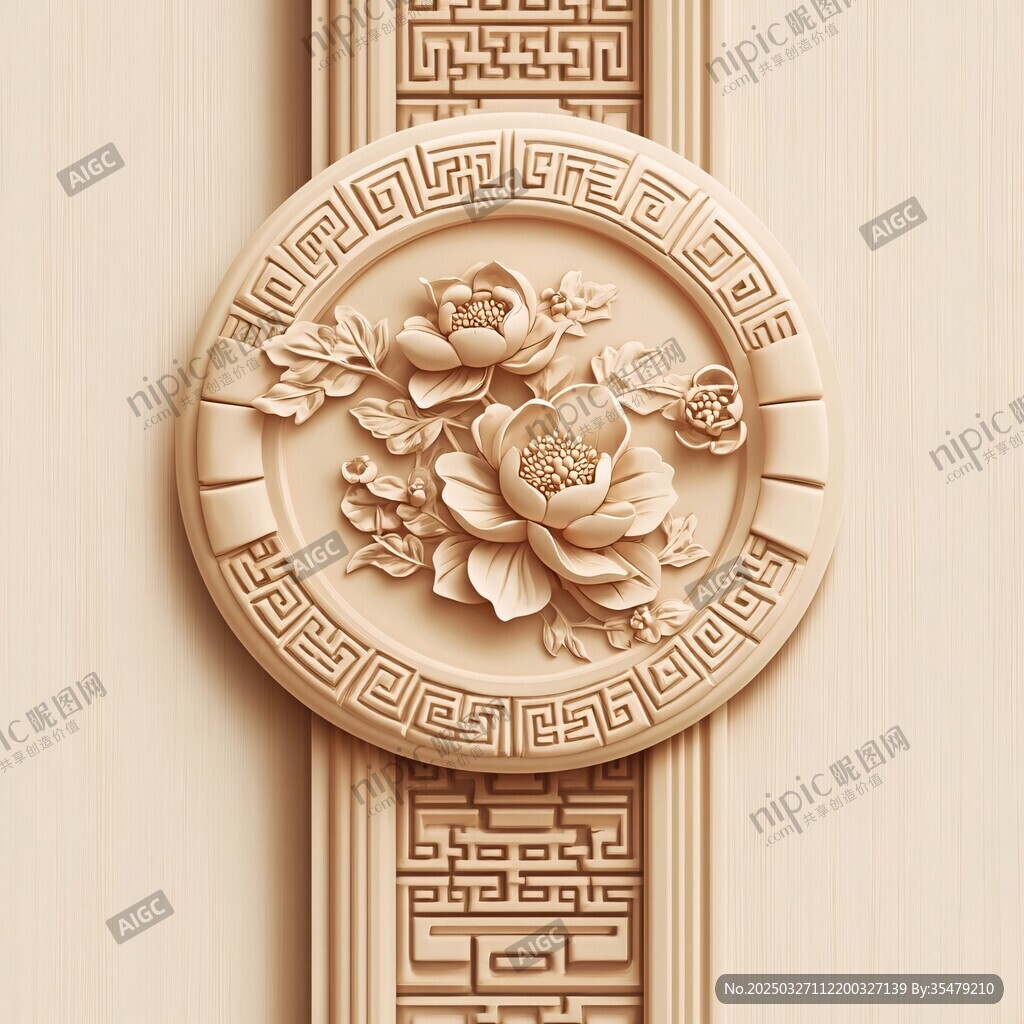中式浮雕牡丹花紋裝飾圖案