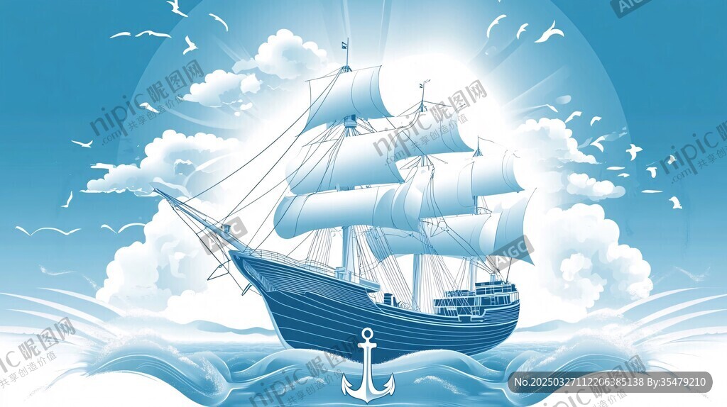 揚帆遠航的海上帆船景象