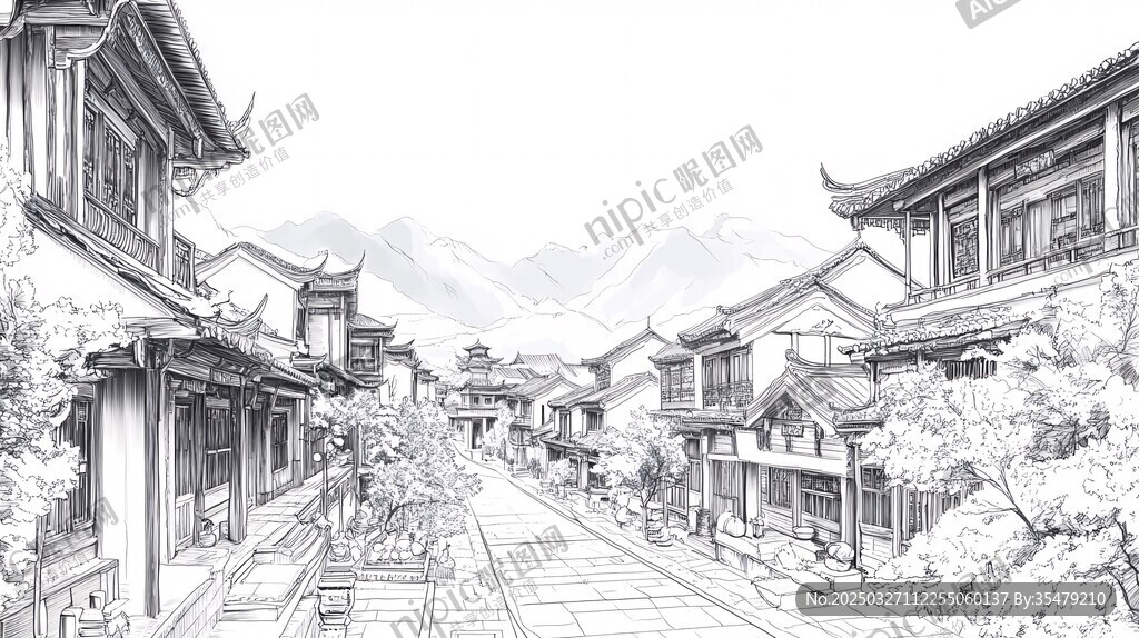水墨古風小鎮街道景致