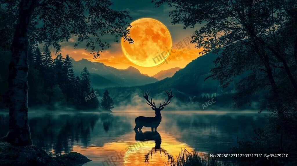 月夜湖畔的孤獨雄鹿