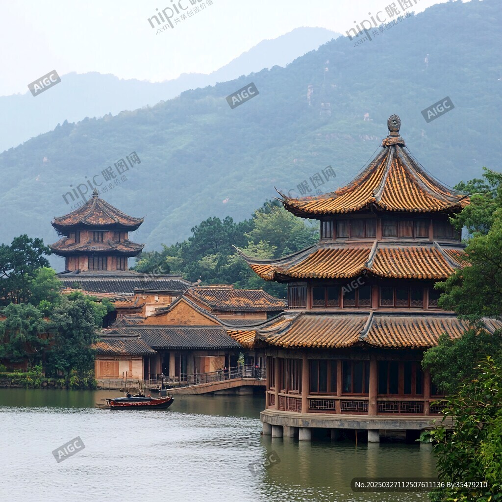 湖畔中式古建筑美景