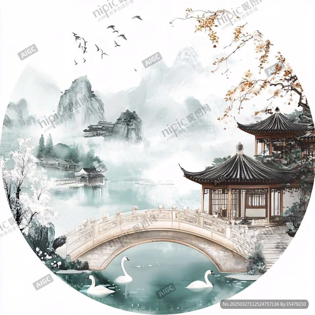 中式水墨山水園林美景圖