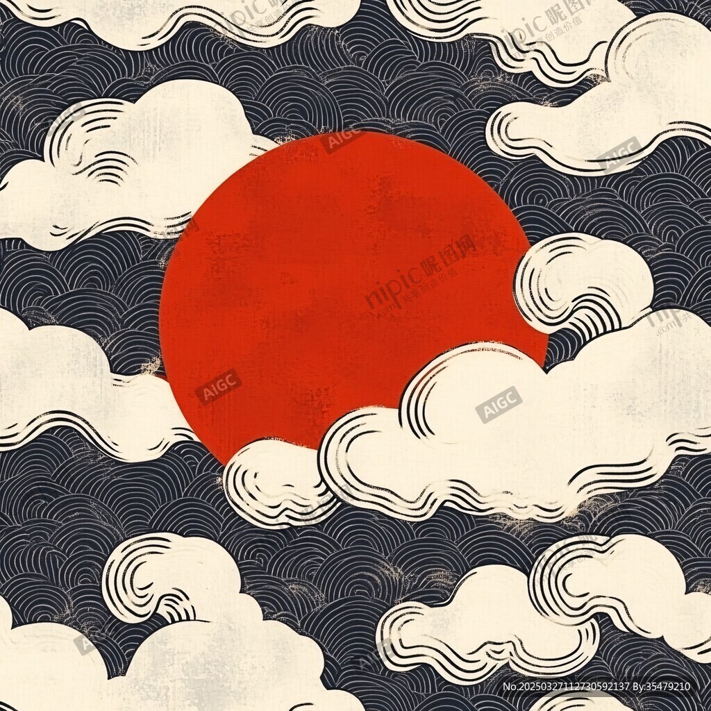 日式浮世繪風格紅日云海圖