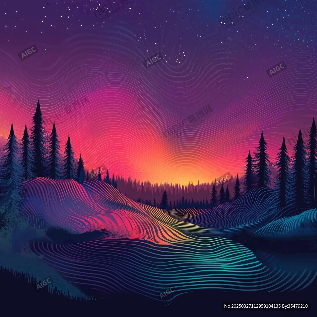 夢幻山林星空夜景插畫