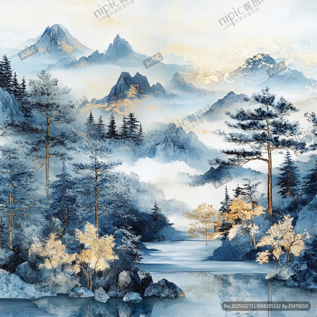 水墨山水間的松林溪流