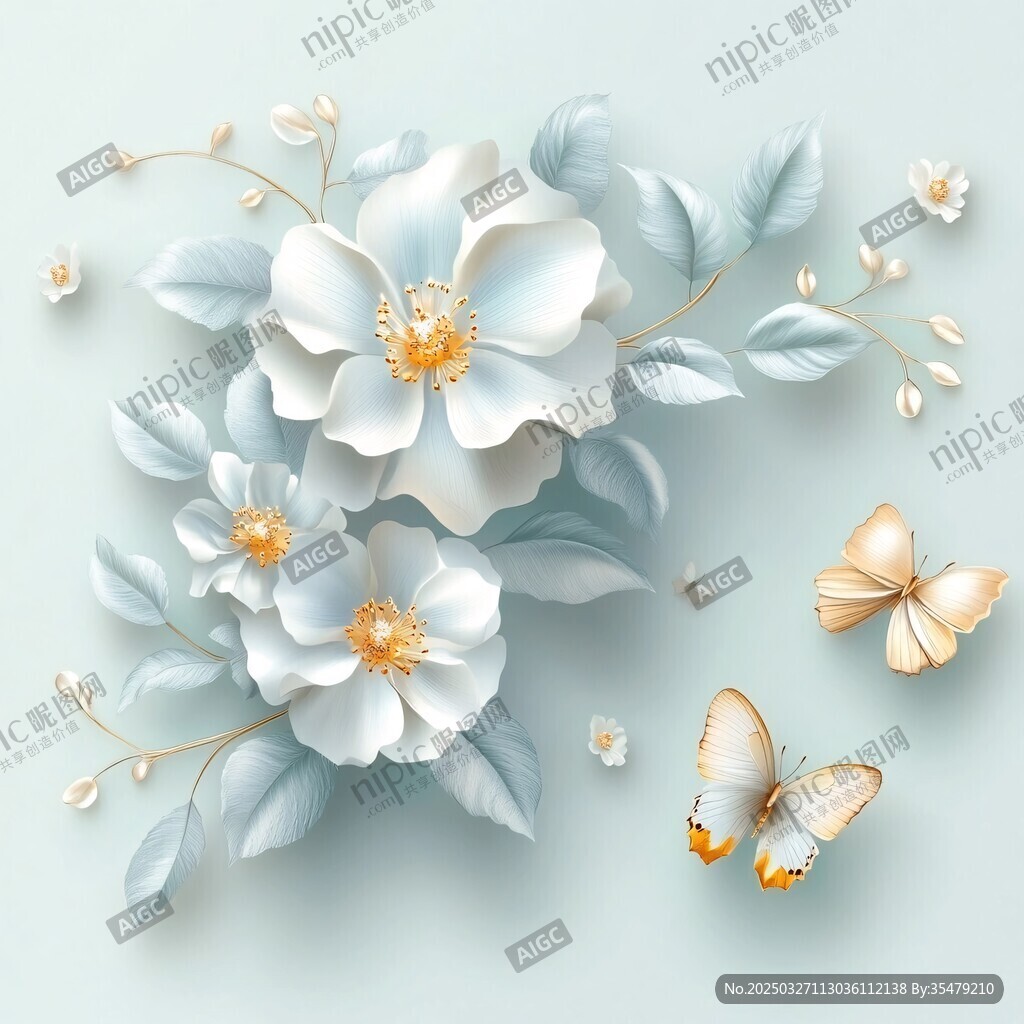 淡雅白花與靈動蝴蝶插畫