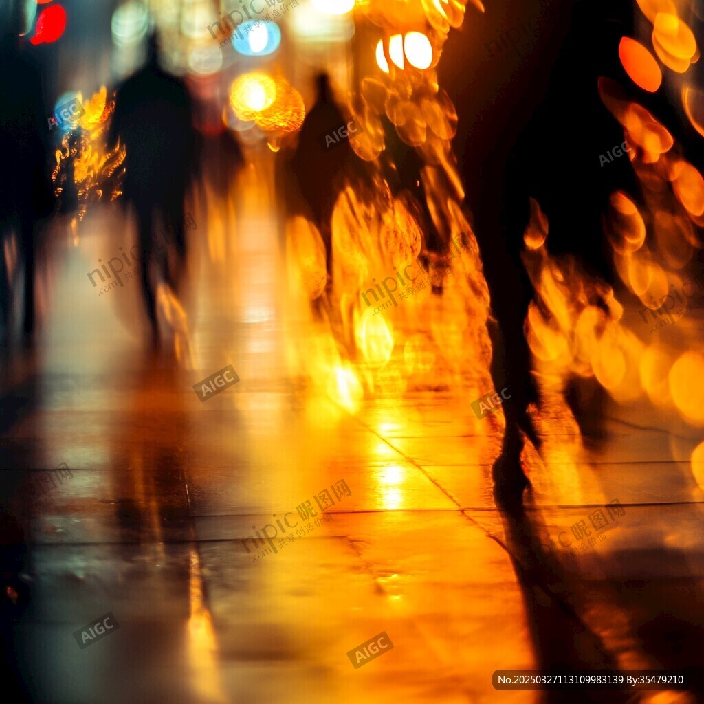 雨夜都市行人光影朦朧