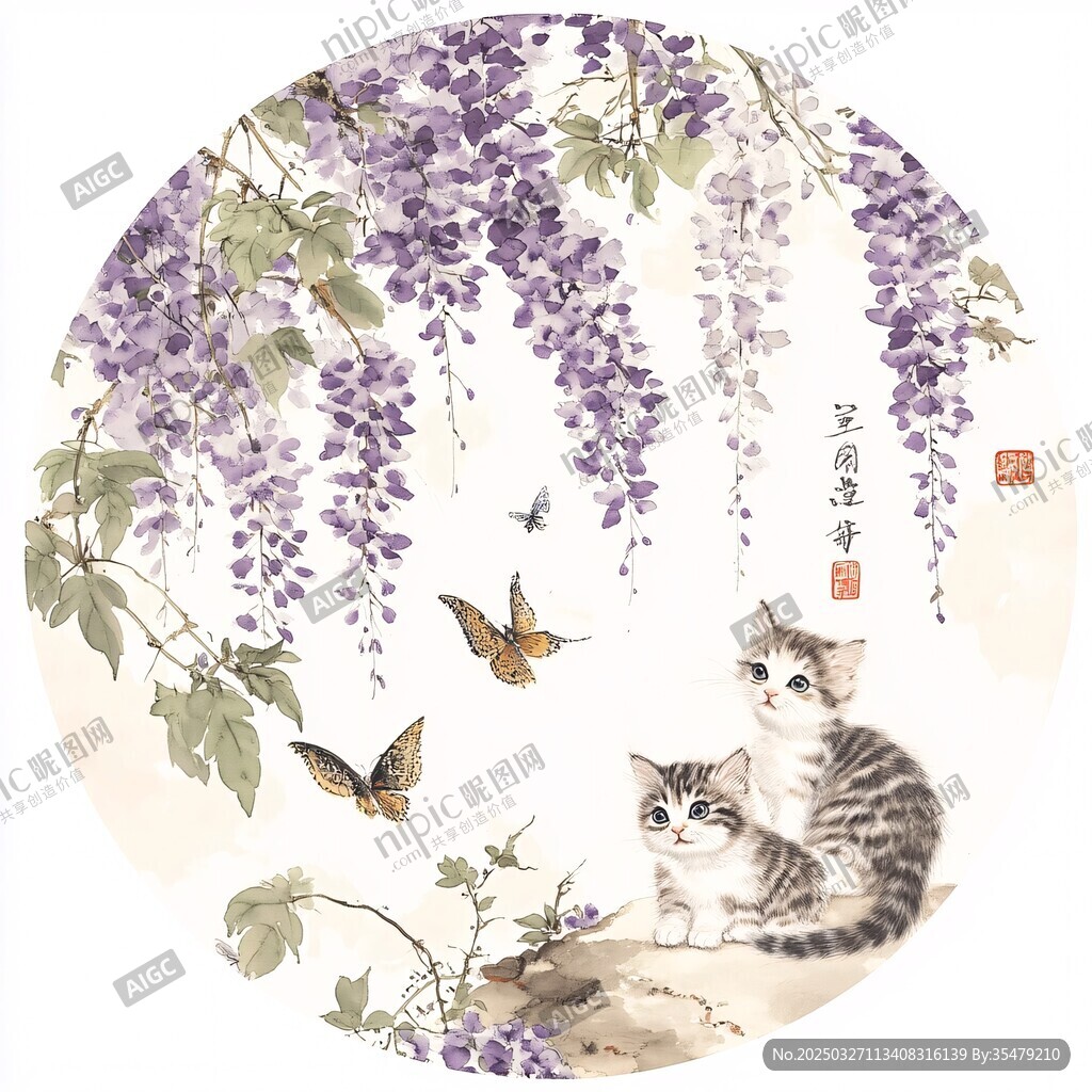 紫藤下雙貓戲蝶圖