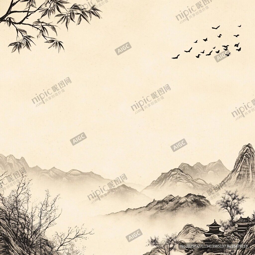 水墨山水間飛鳥伴竹景