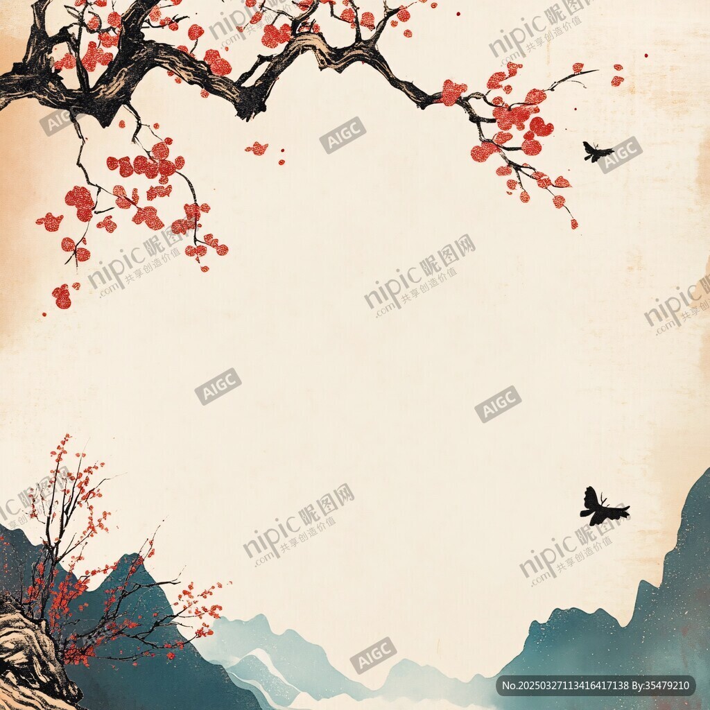 紅梅映山景 飛鳥入畫來