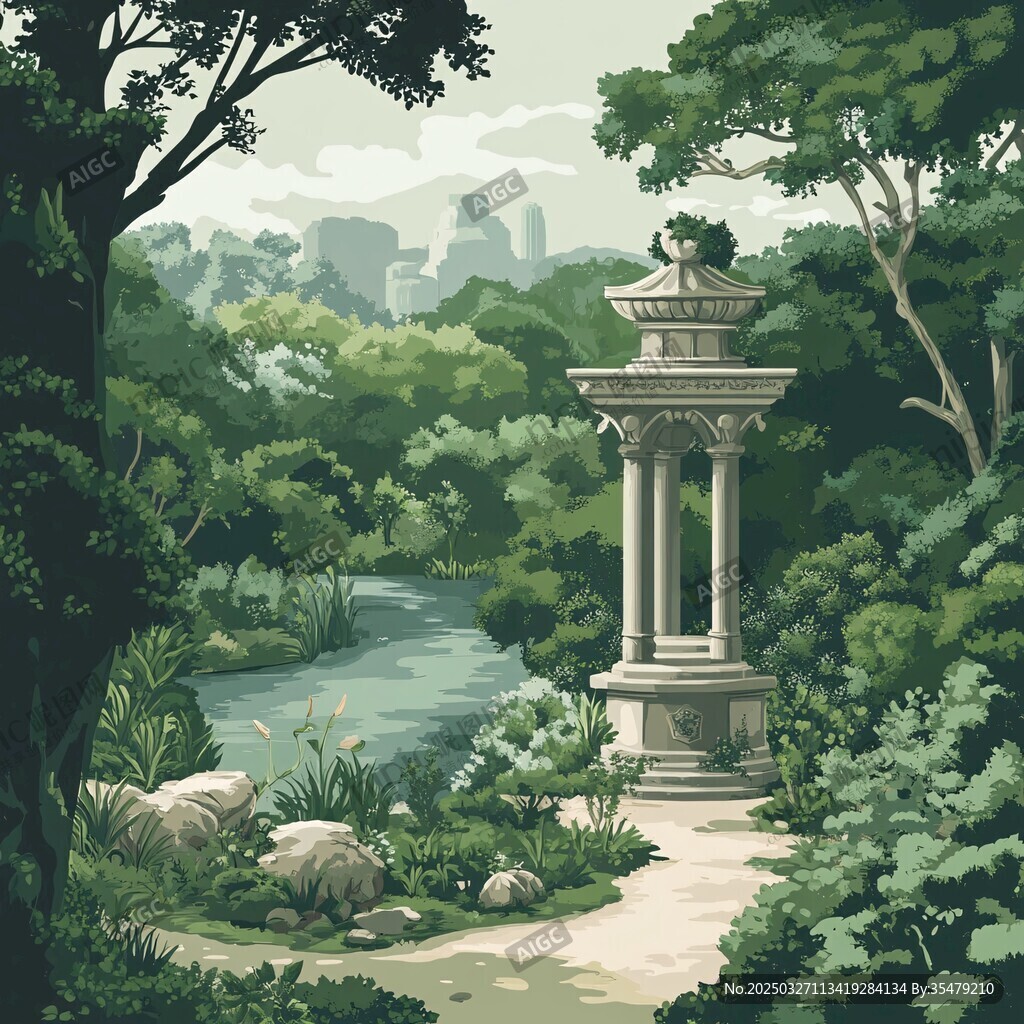 靜謐園林中的古典涼亭景觀