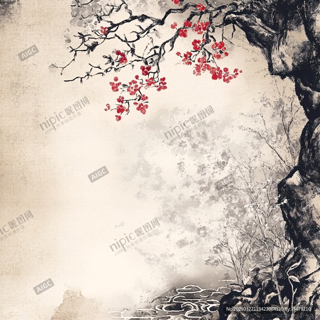 水墨紅梅圖