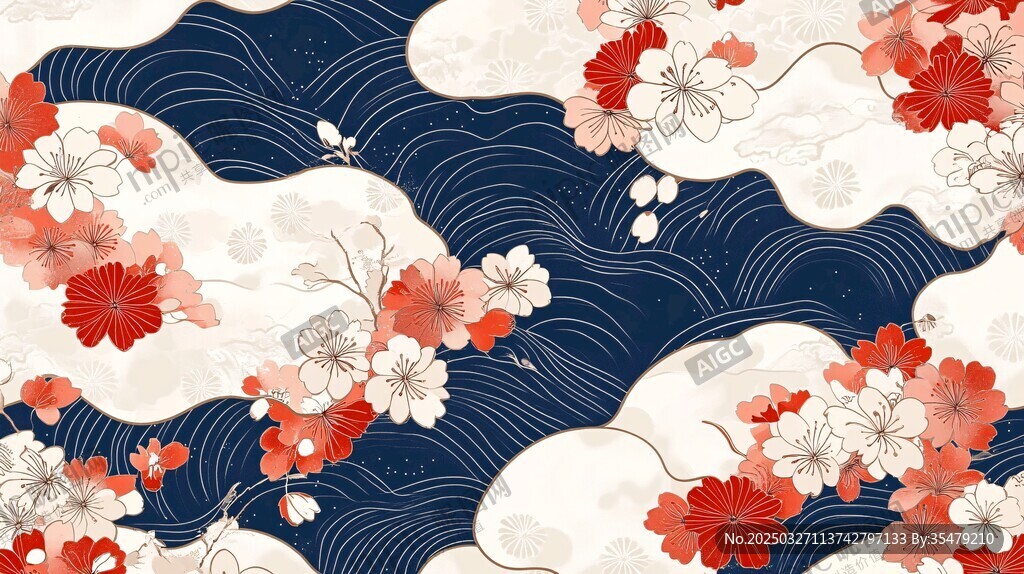 日式和風花卉海浪圖案