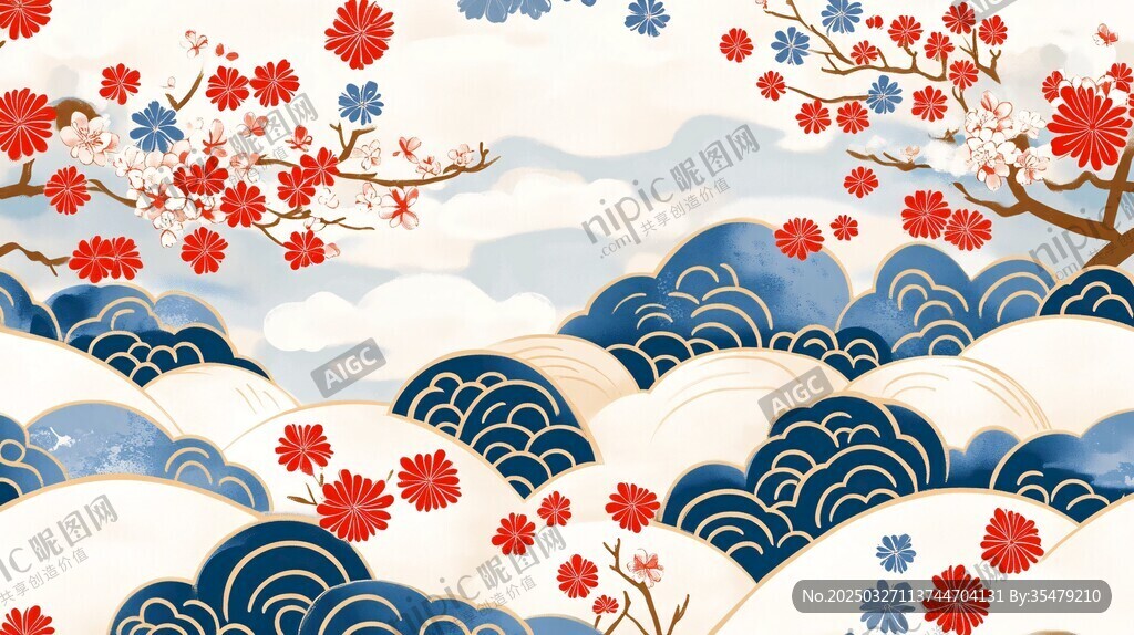 日式和風花鳥海浪圖案