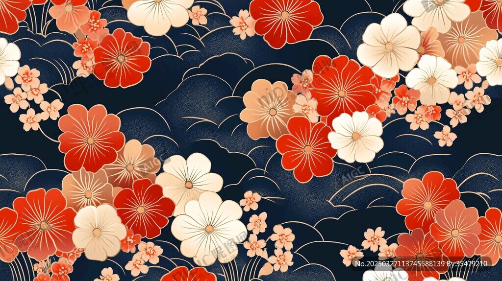 日式和風(fēng)花卉海浪圖案