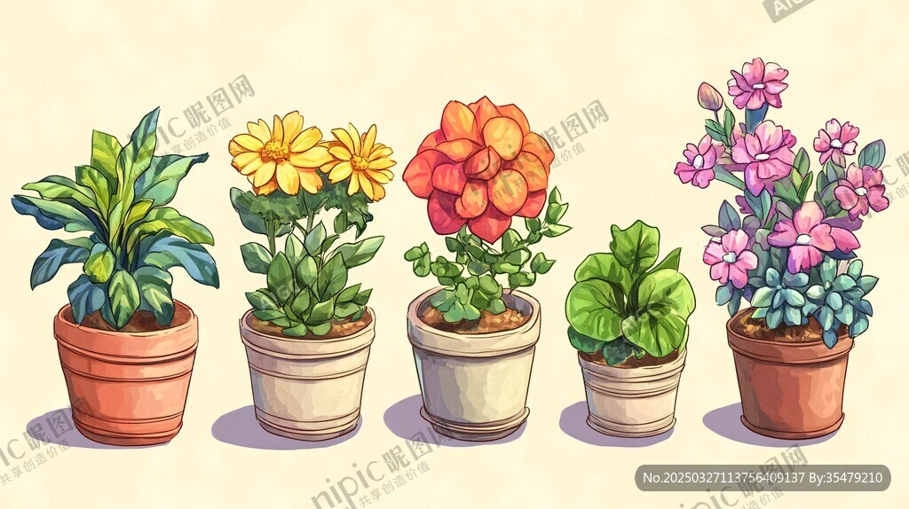 一排多彩盆栽植物插畫