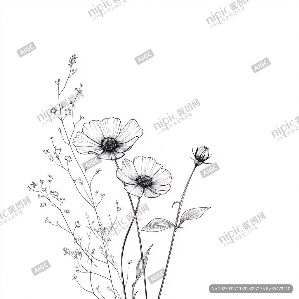 黑白花卉線稿插畫