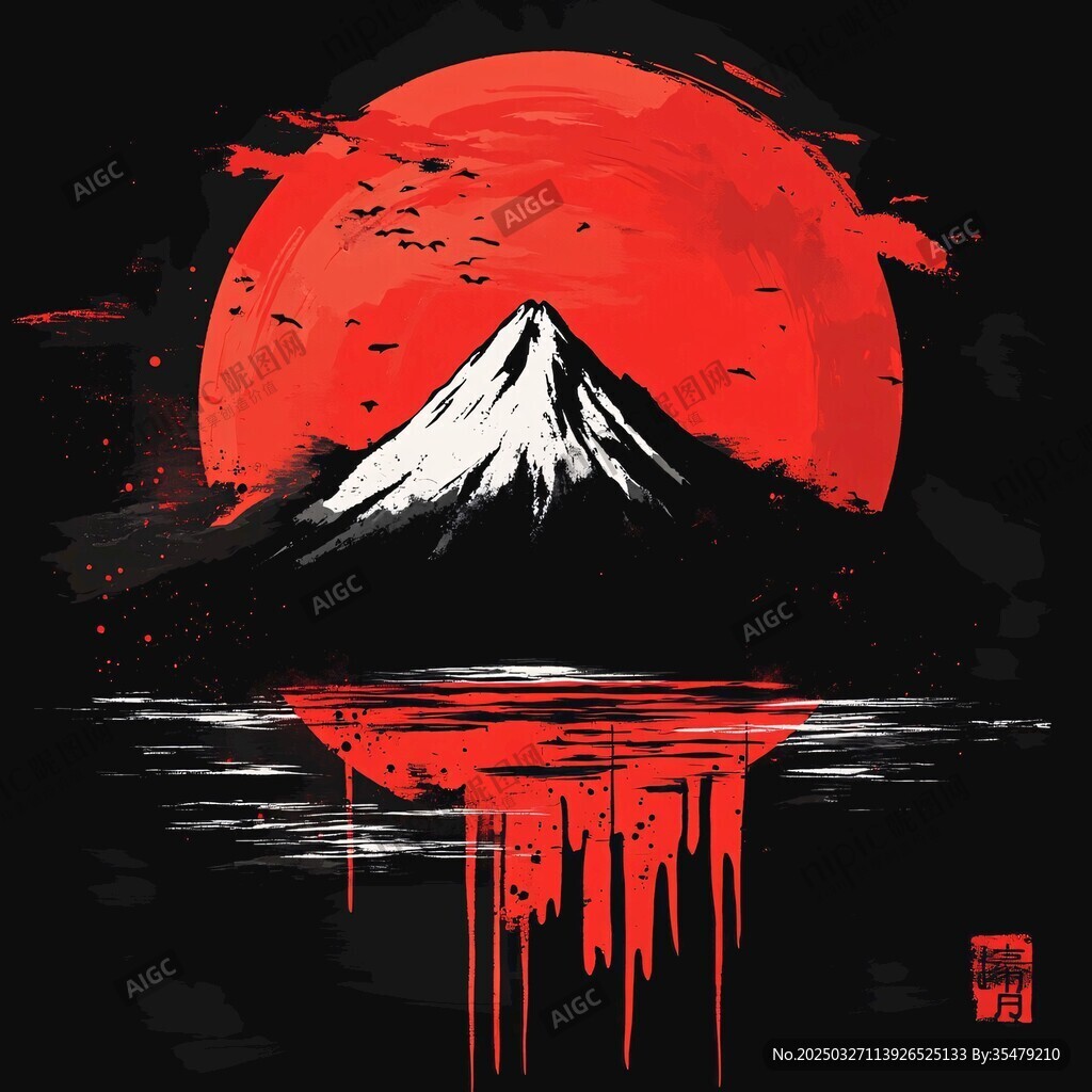 富士山映紅月水墨意境