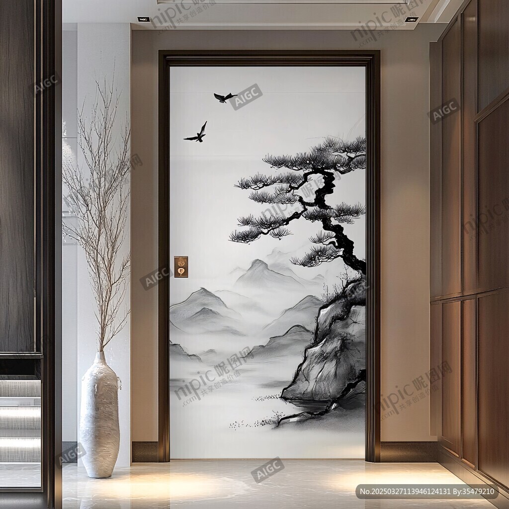 中式水墨風(fēng)玄關(guān)山水壁畫