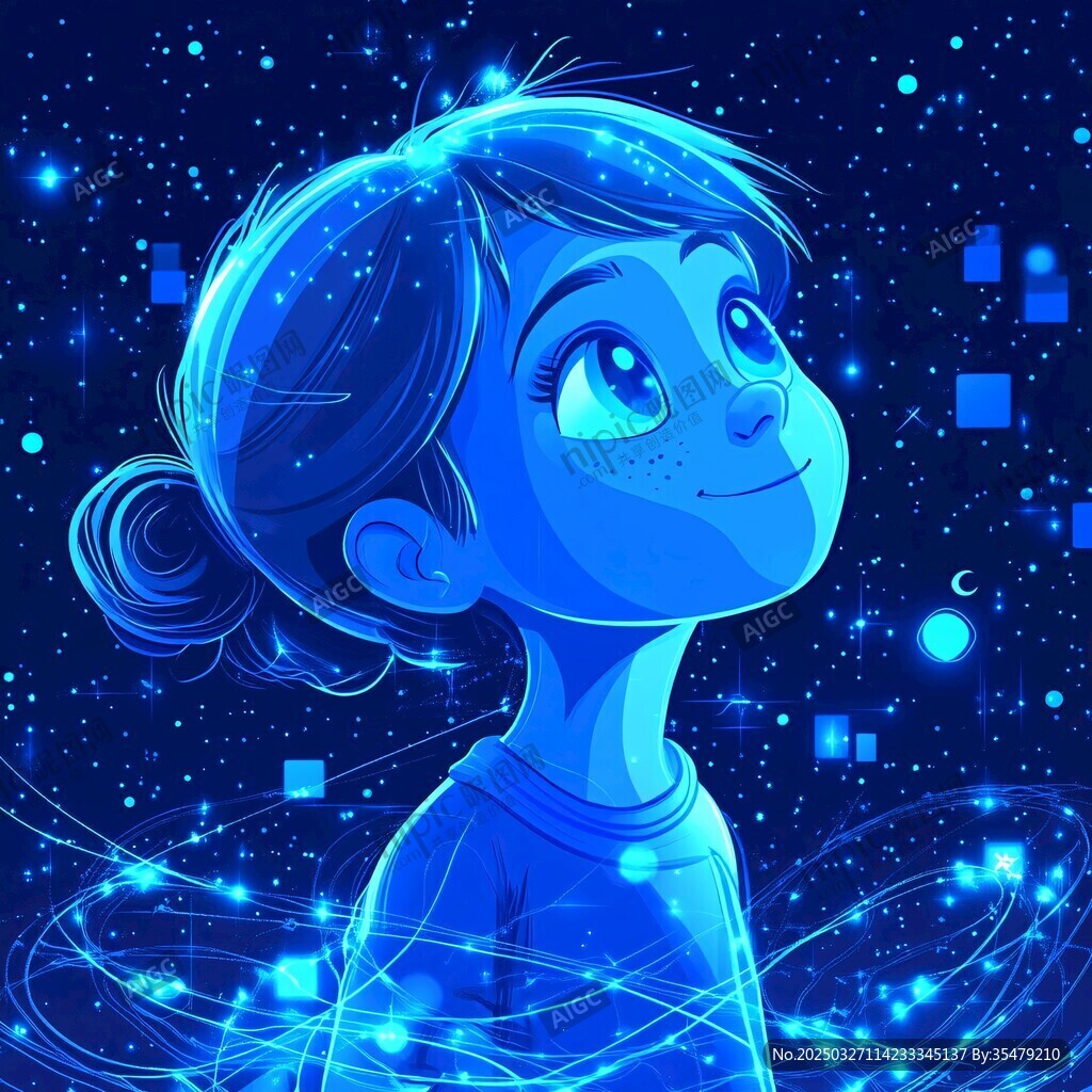 夢幻藍(lán)調(diào)星空下的可愛女孩