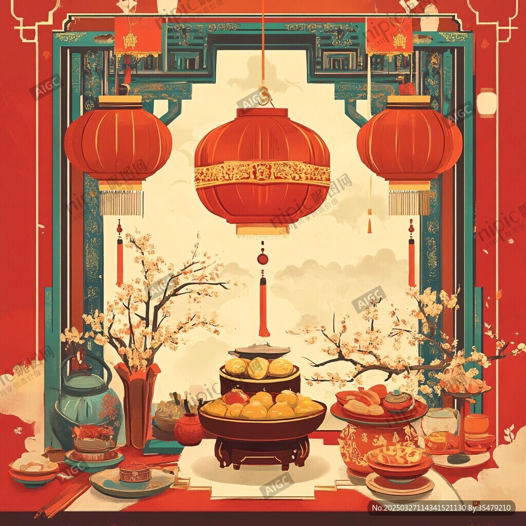 中式新春佳節(jié)室內(nèi)布置圖景