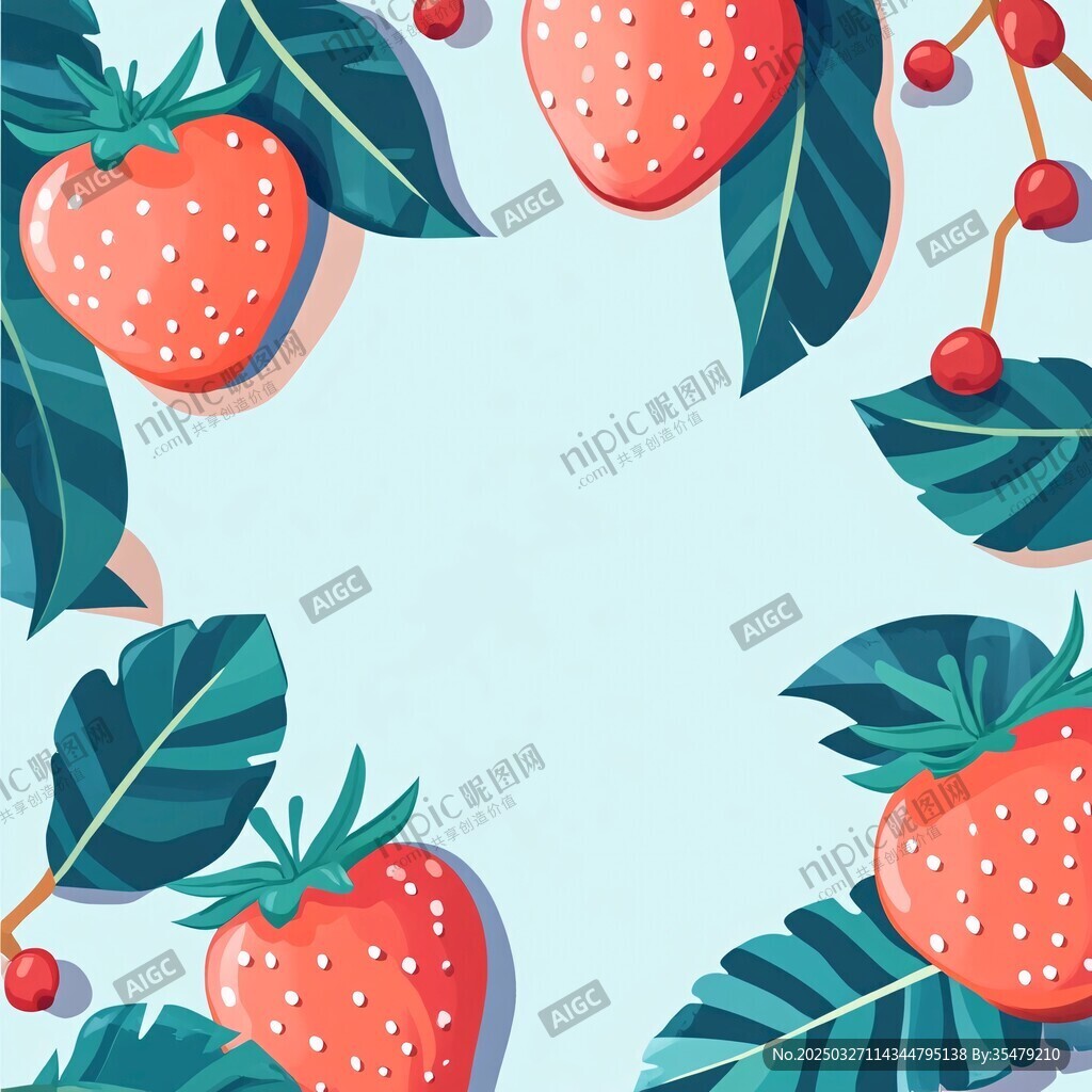 草莓綠葉邊框插畫背景圖