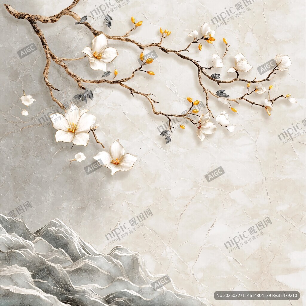 玉蘭花枝映山水中式美景