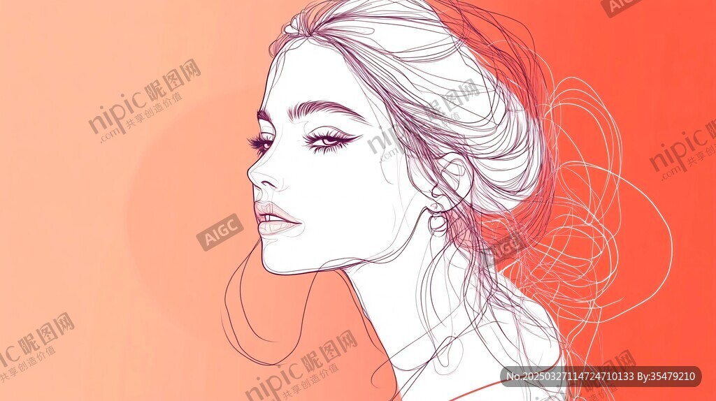 優雅側顏女性線條插畫