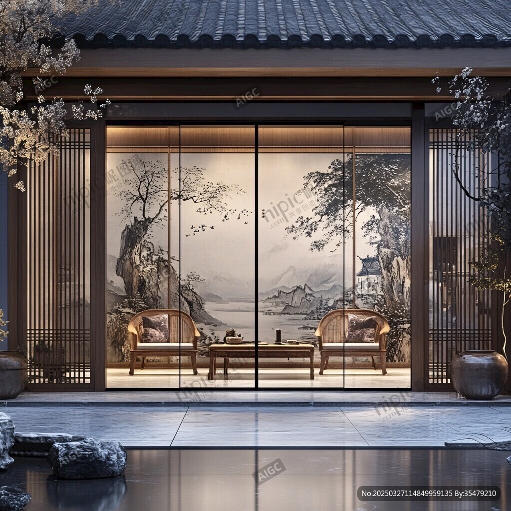 中式雅致茶室室內外景致