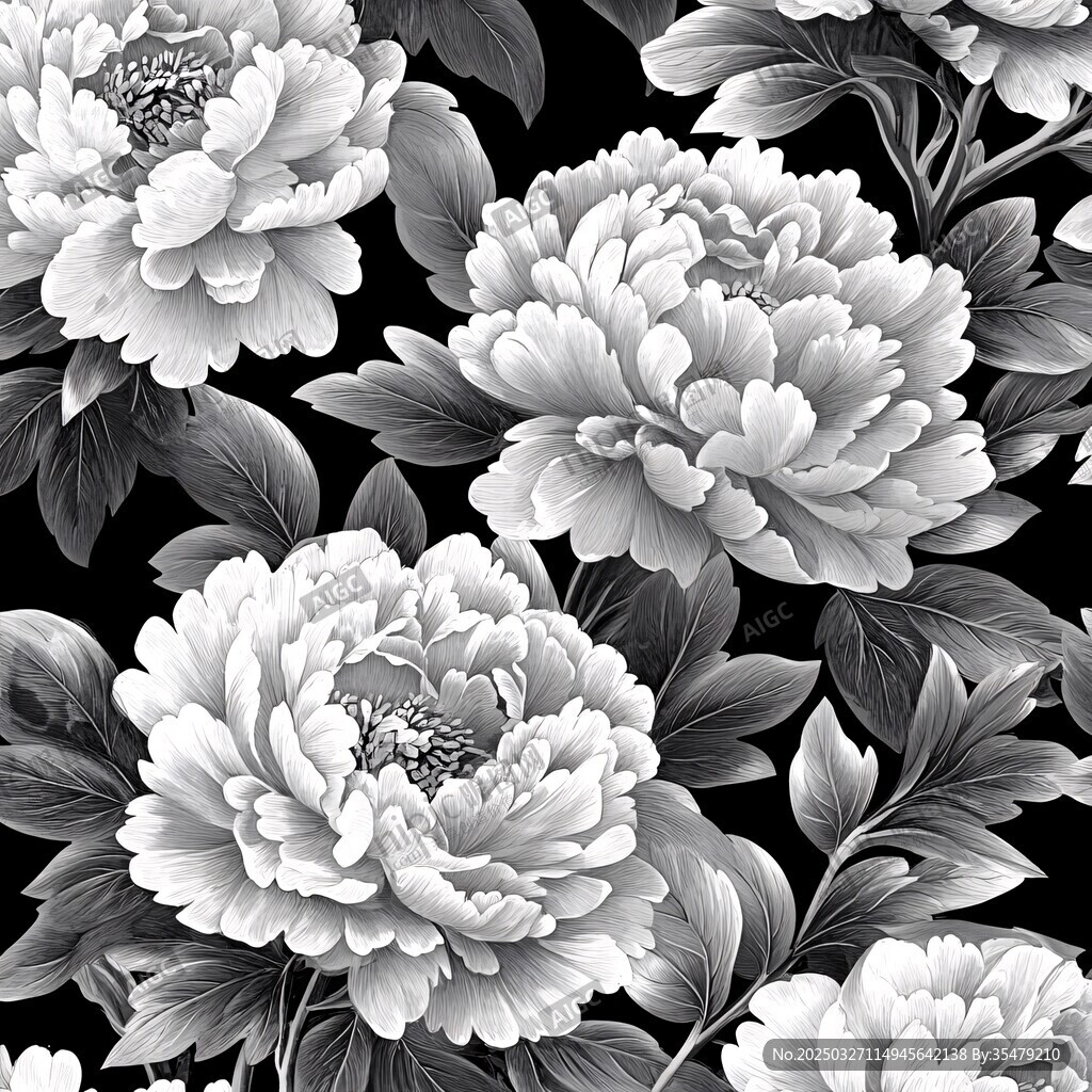 黑白牡丹花卉圖案背景